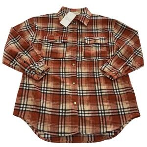 NINEXIS‎ Shacket Womens Medium Red Tan Plaid Button Up Flannel Long Sleeve Shirt